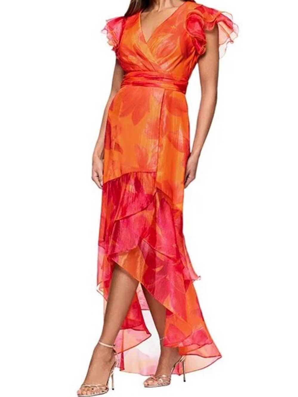 Xscape Organza Floral V-Neck Short Sleeve Ruffle A-Line Midi Dress Pink Orange - Picture 3 of 7